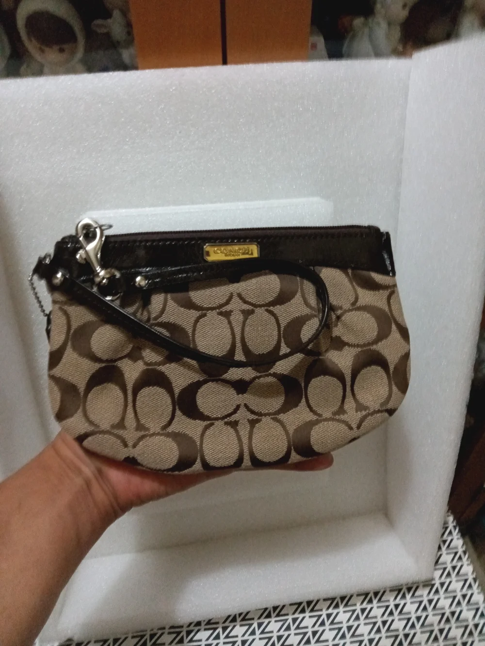 Coach Brown Signature Canvas Wristlet with Dark Trim